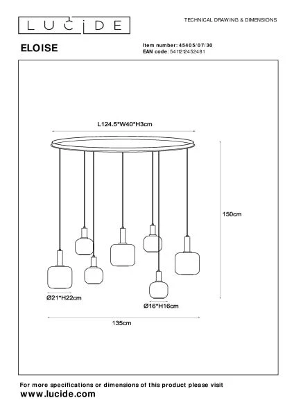 Lucide ELOISE - Hanglamp - 7xE27 - Zwart - technisch